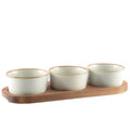 Set de 3 cuencos para aperitivos con bandeja de madera 29x10 cm