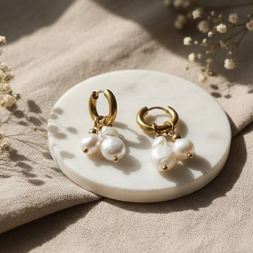 AROS DE PERLAS –  de acero chapado en oro de 18k