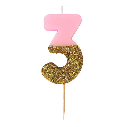 Velas número 3, purpurina rosa