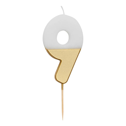 Velas con número 9 de cumpleaños blanca y dorada