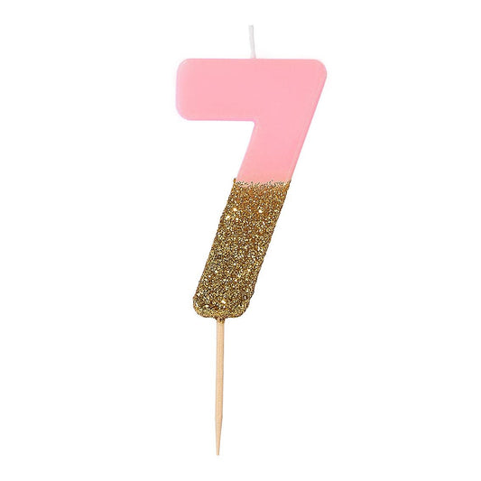 Velas número 7, purpurina rosa