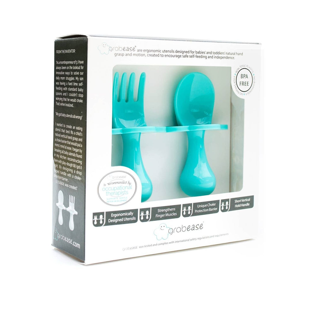 Set de cubiertos verde azulado ergonómicos para bebé con sistema de seguridad