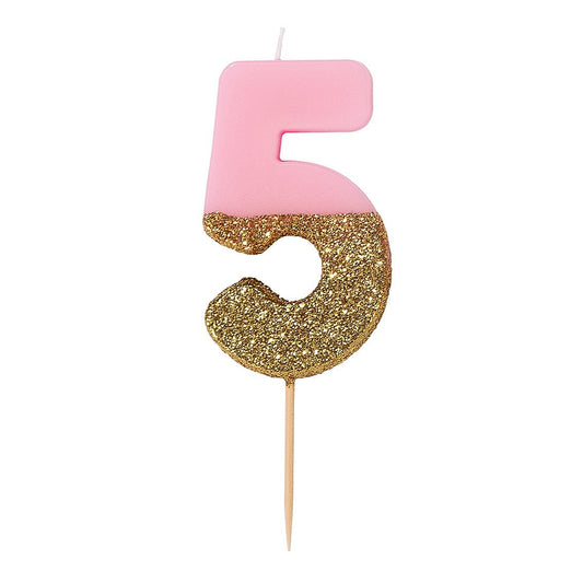 Velas número 5, purpurina rosa