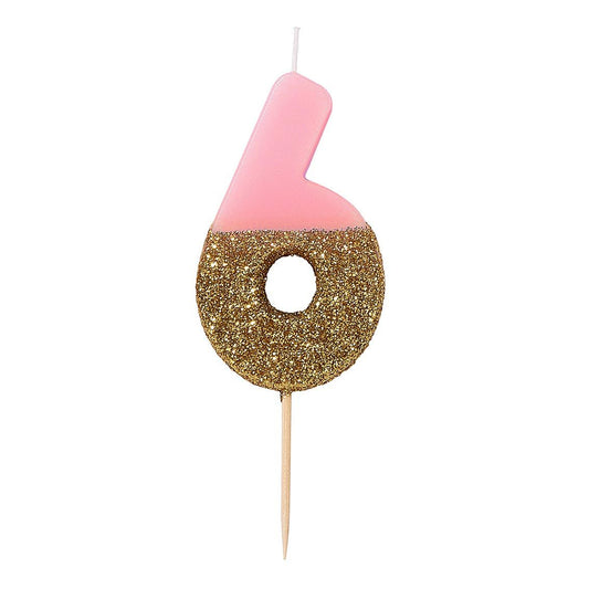 Velas número 6, purpurina rosa