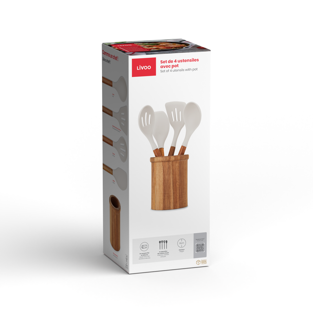 MES153G - Juego de 4 utensilios con pote de acacia