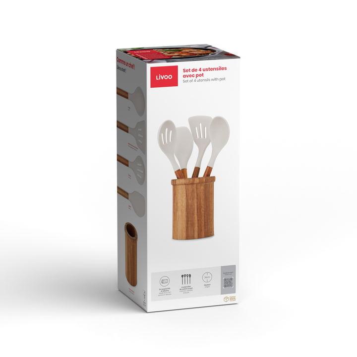 MES153G - Juego de 4 utensilios con pote de acacia