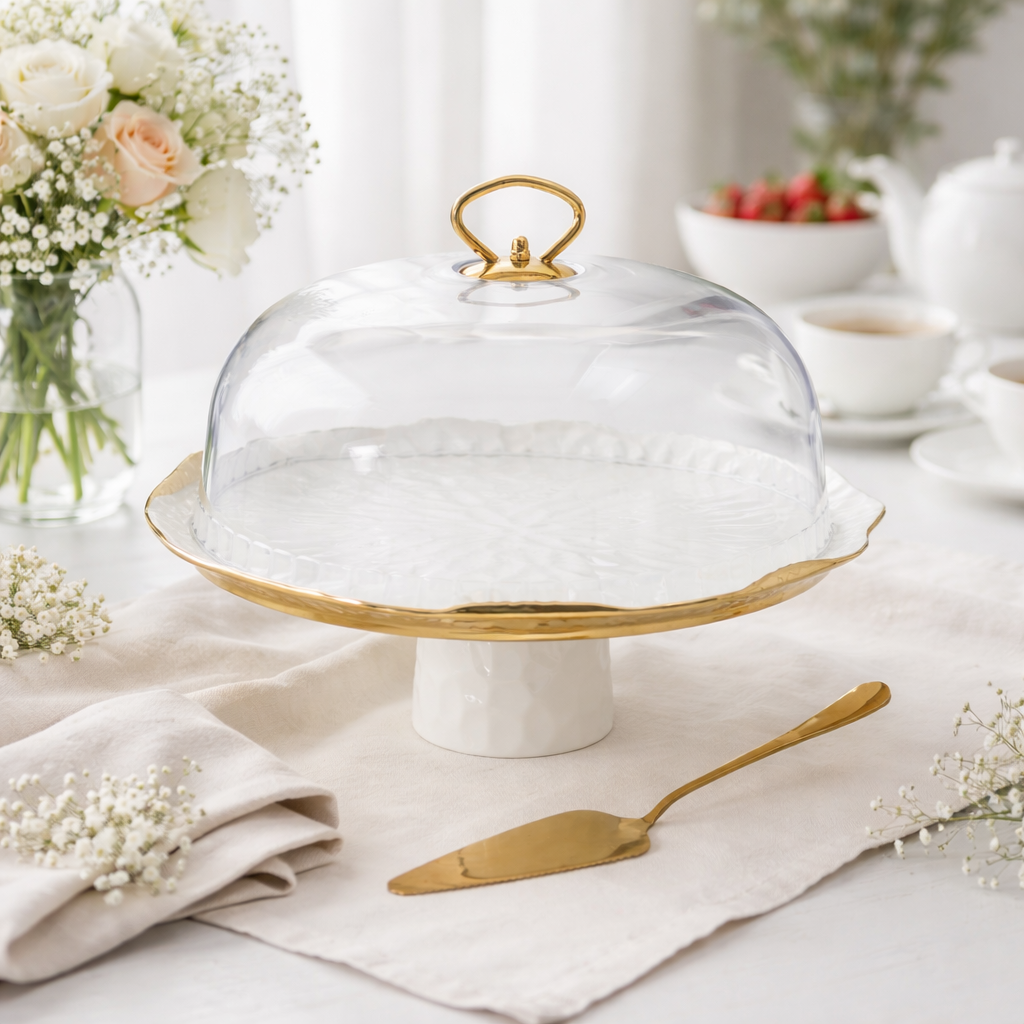 Soporte para tarta blanca con bordes dorados 29 cm con campana