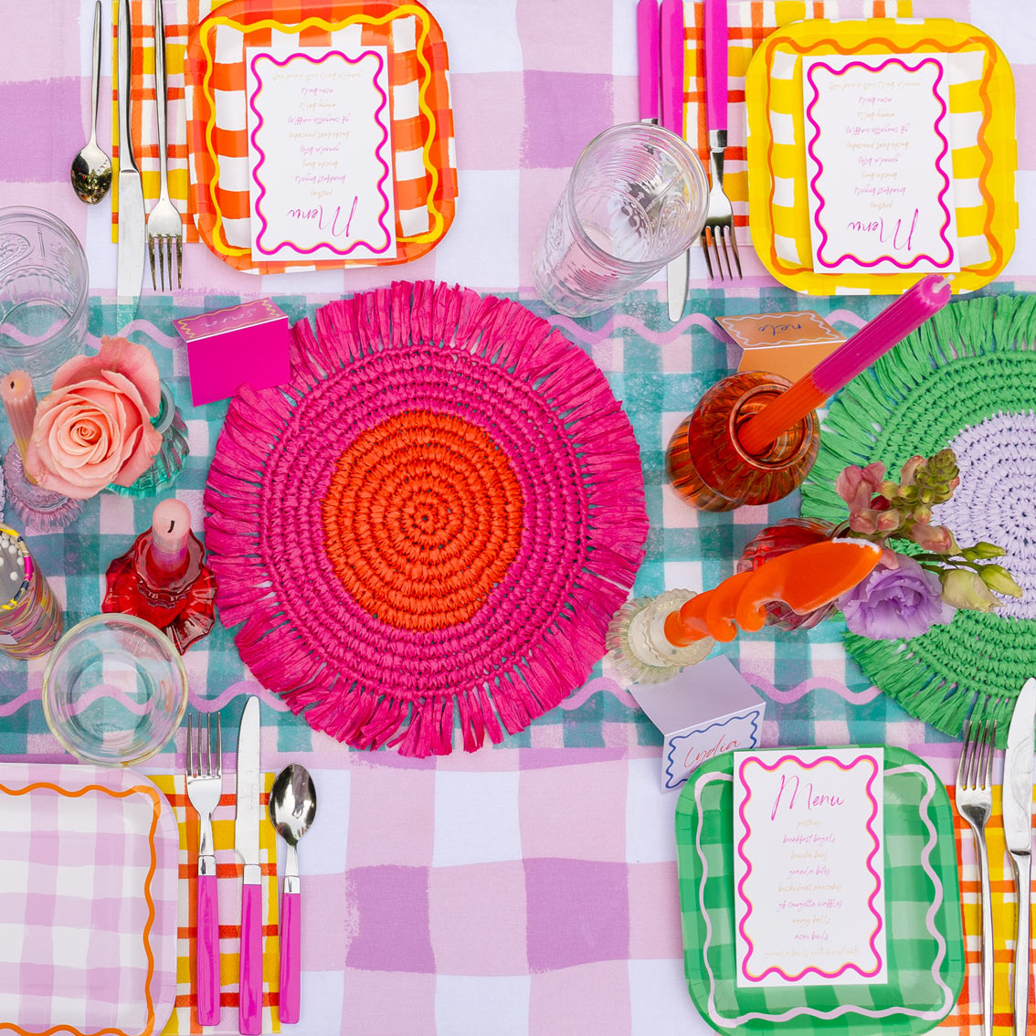 Manteles individuales de rafia de papel rosa y naranja para mesa - Paquete de 2