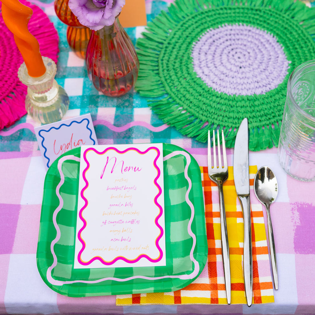 Manteles individuales de rafia de papel lila y verde, decoración primaveral, paquete de 2