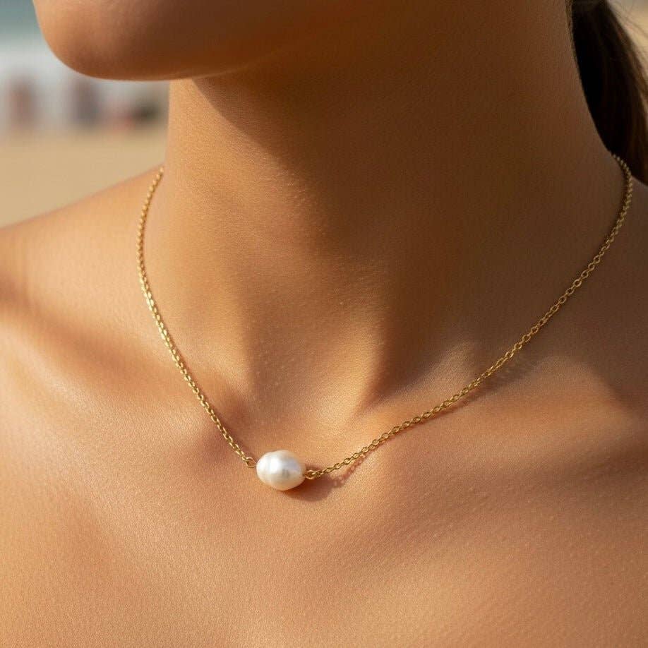 Collar Perla Solitaria con perla de río en oro 18k