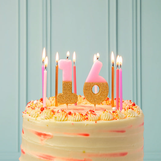 Velas de cumpleaños largas rosas y doradas - Paquete de 16