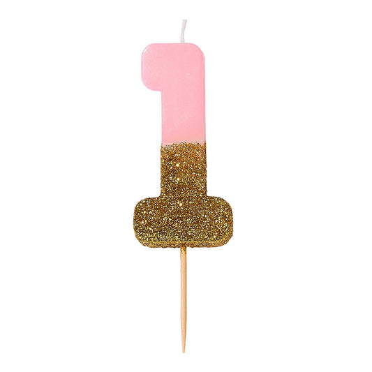 Velas número 1, purpurina rosa
