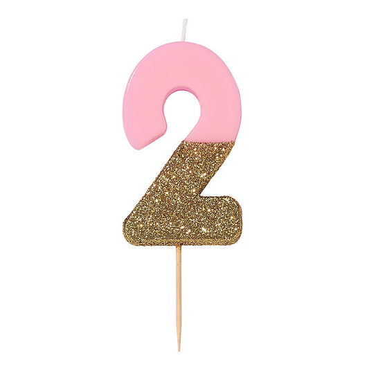 Velas número 2, purpurina rosa