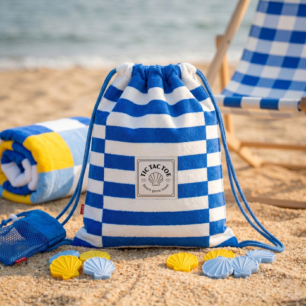 Toalla de playa y juego Tic-Tac-Toe azul con bolsa