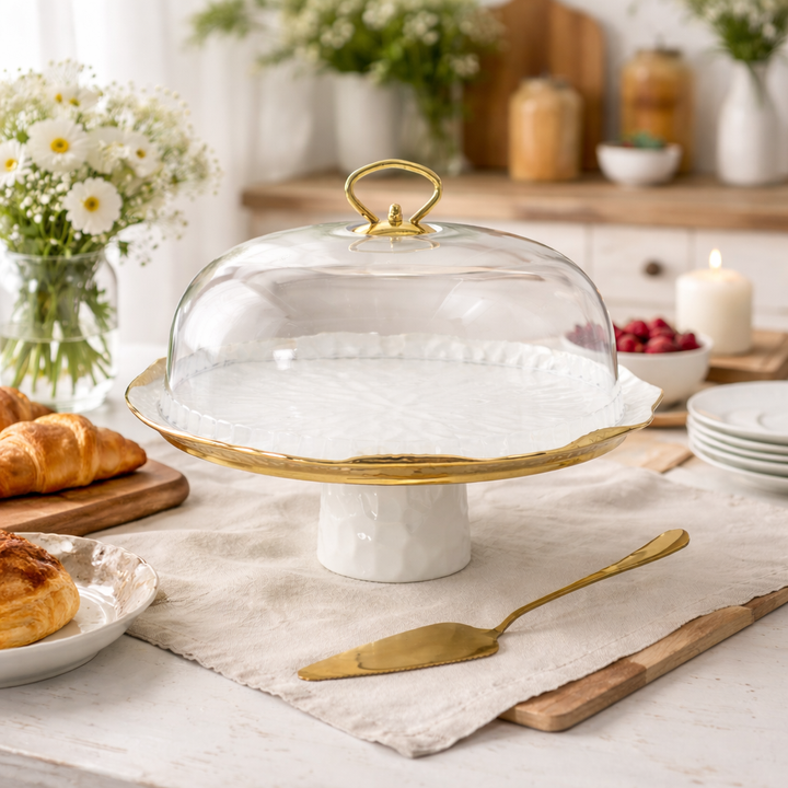 Soporte para tarta blanca con bordes dorados 29 cm con campana