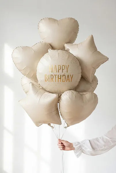 Globo redondo de papel metalizado con la inscripción "Feliz Cumpleaños", 35x35 cm, color crema.