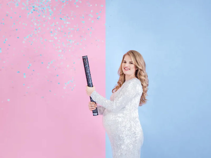 Cañón de confeti para revelar el sexo del bebé - Listo para usar, azul, 60 cm