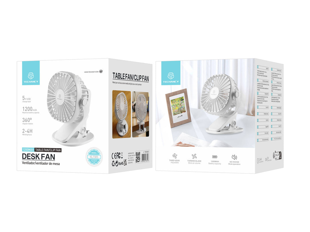 Ventilador de escritorio con clip Techancy, modelo KL7305, recargable por USB,