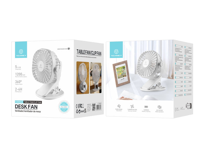 Ventilador de escritorio con clip Techancy, modelo KL7305, recargable por USB,