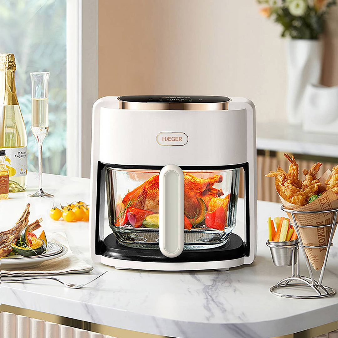 Freidora digital HAEGER Air Glass sin aceite - 4,5 litros, 8 programas, recipiente de vidrio, 1200 W