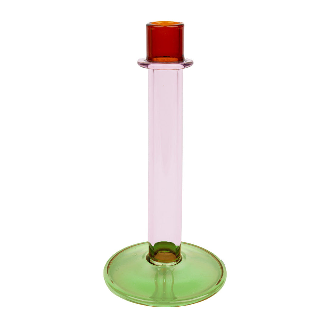 Portavelas/candelabro de cristal verde, naranja y rosa
