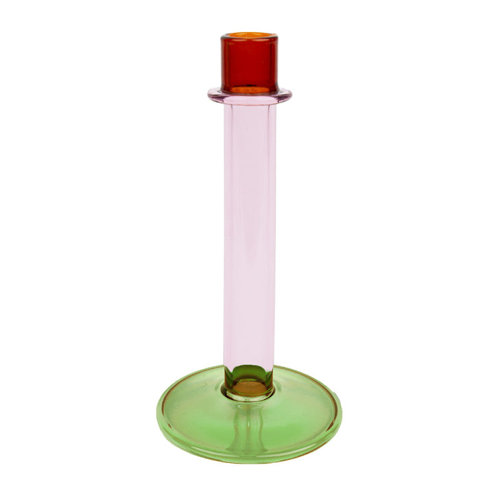 Portavelas/candelabro de cristal verde, naranja y rosa
