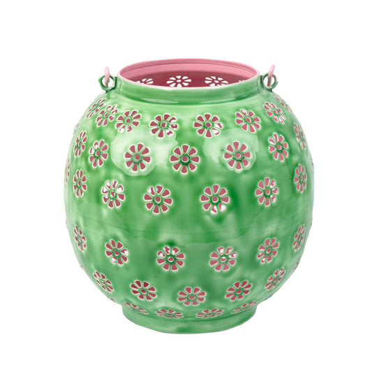 Farol metálico con flores geométricas en verde y rosa - Grande
