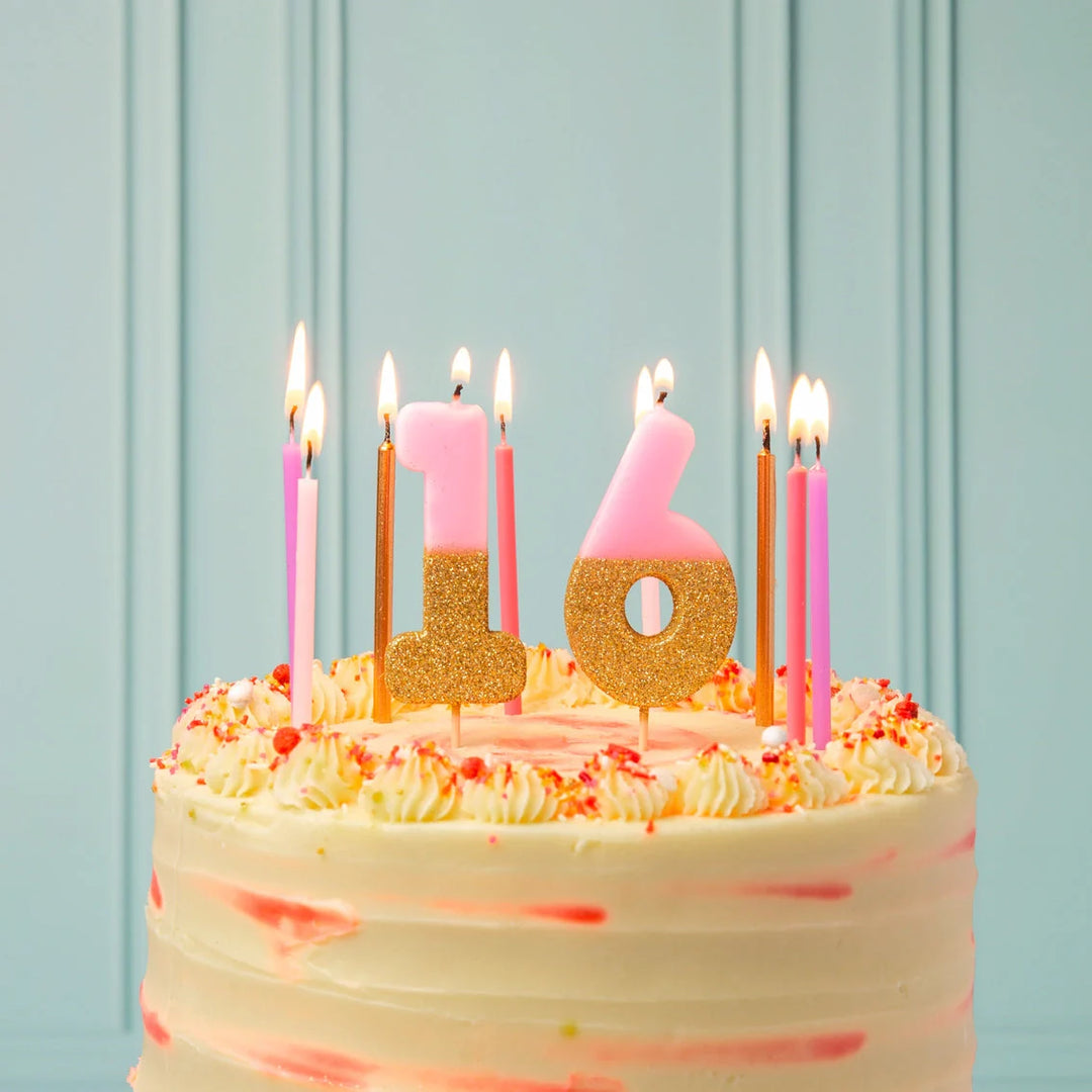 Velas de cumpleaños rosas largas - Paquete de 16