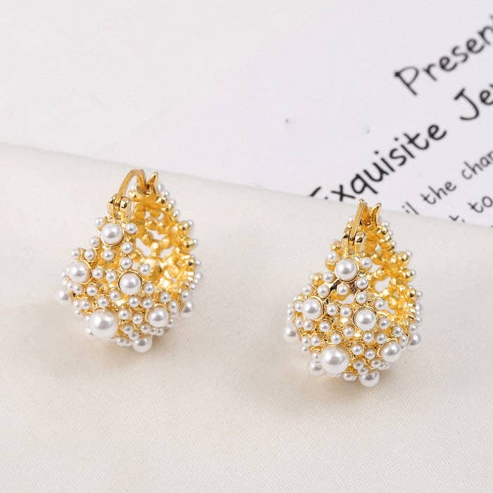 Pendientes de aro con cesta romántica de perlas - Oro y plata
