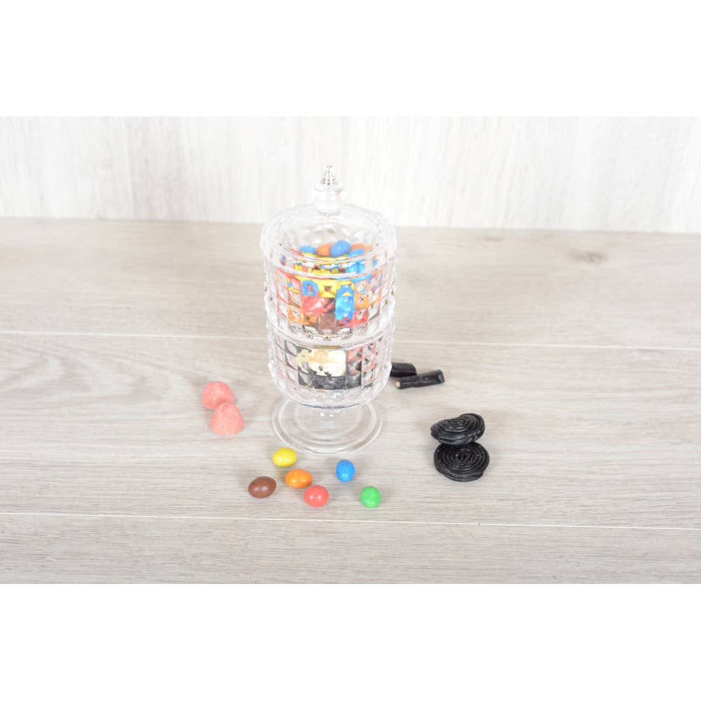 Bombonera de vidrio de dos niveles con soporte y tapa, h 24 cm