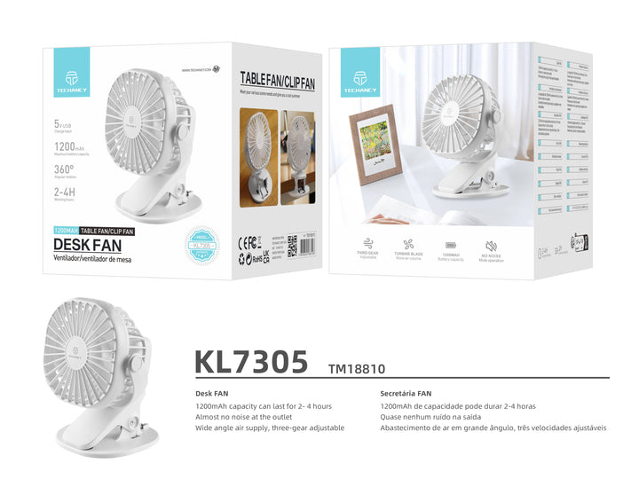 Ventilador de escritorio con clip Techancy, modelo KL7305, recargable por USB,