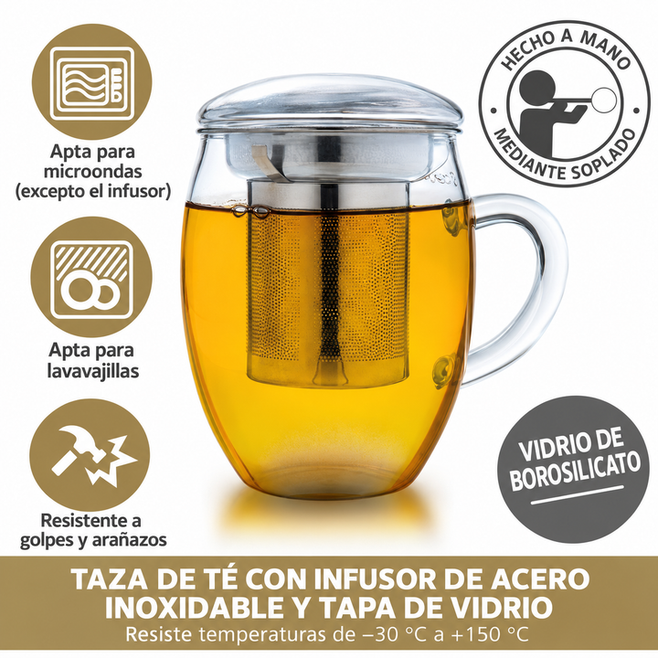 Taza de té de vidrio con infusor de acero inoxidable y tapa – 400 ml