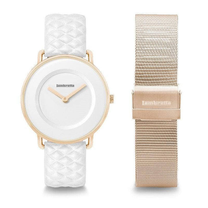 Reloj dúo Mia 34 con correa acolchada blanca y malla en oro rosa