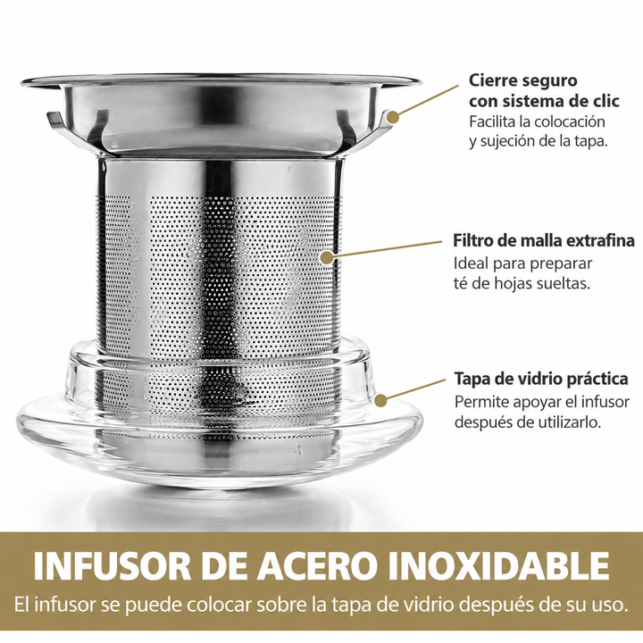 Taza de té de vidrio con infusor de acero inoxidable y tapa – 400 ml