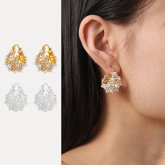 Pendientes de aro con cesta romántica de perlas - Oro y plata