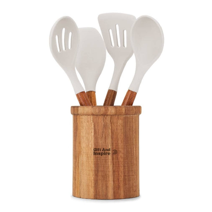 MES153G - Juego de 4 utensilios con pote de acacia