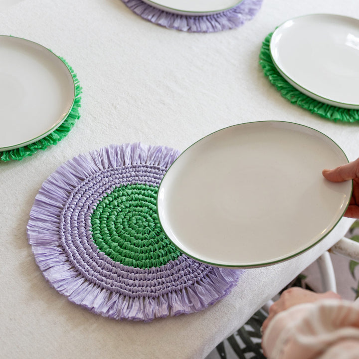 Manteles individuales de rafia de papel lila y verde, decoración primaveral, paquete de 2