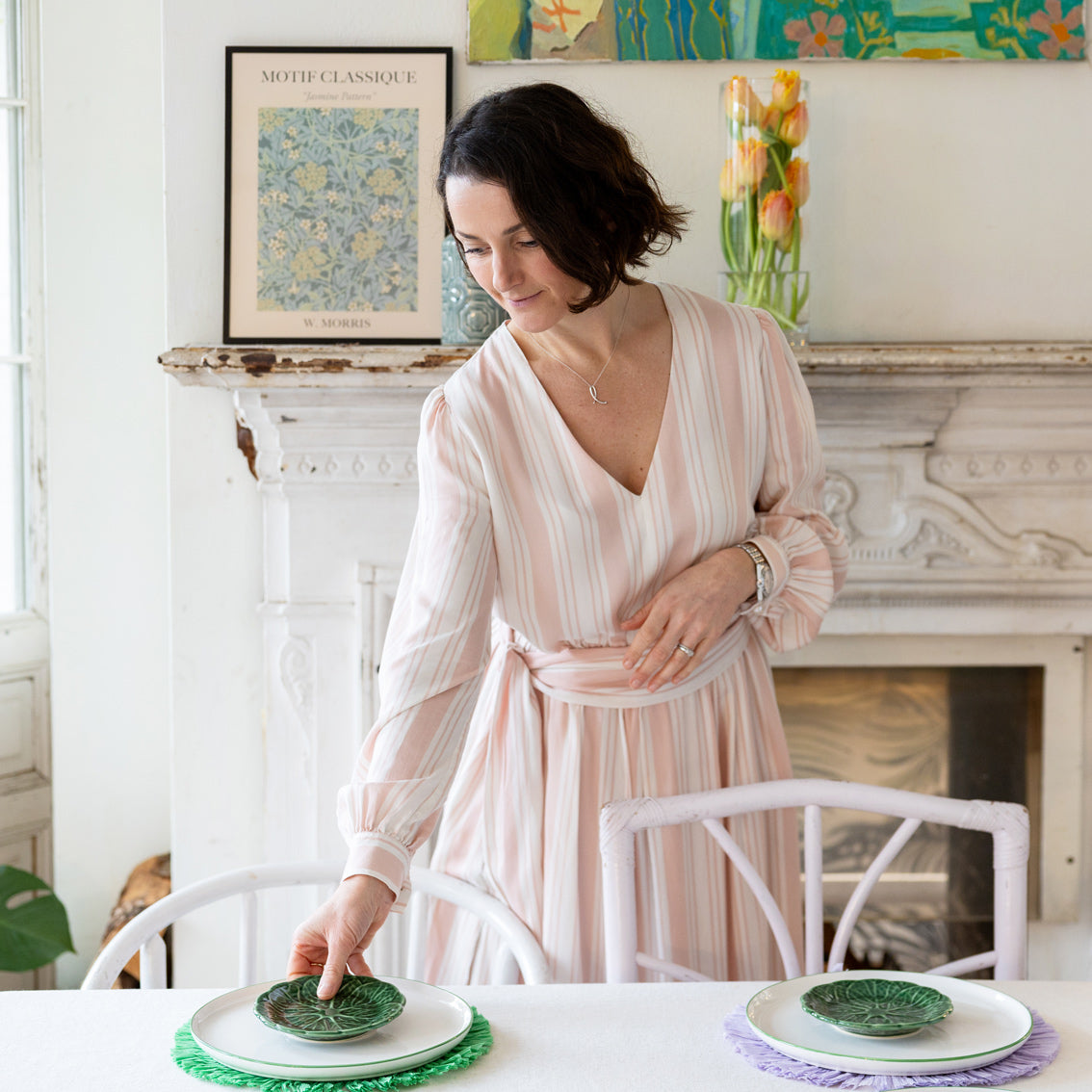 Manteles individuales de rafia de papel lila y verde, decoración primaveral, paquete de 2