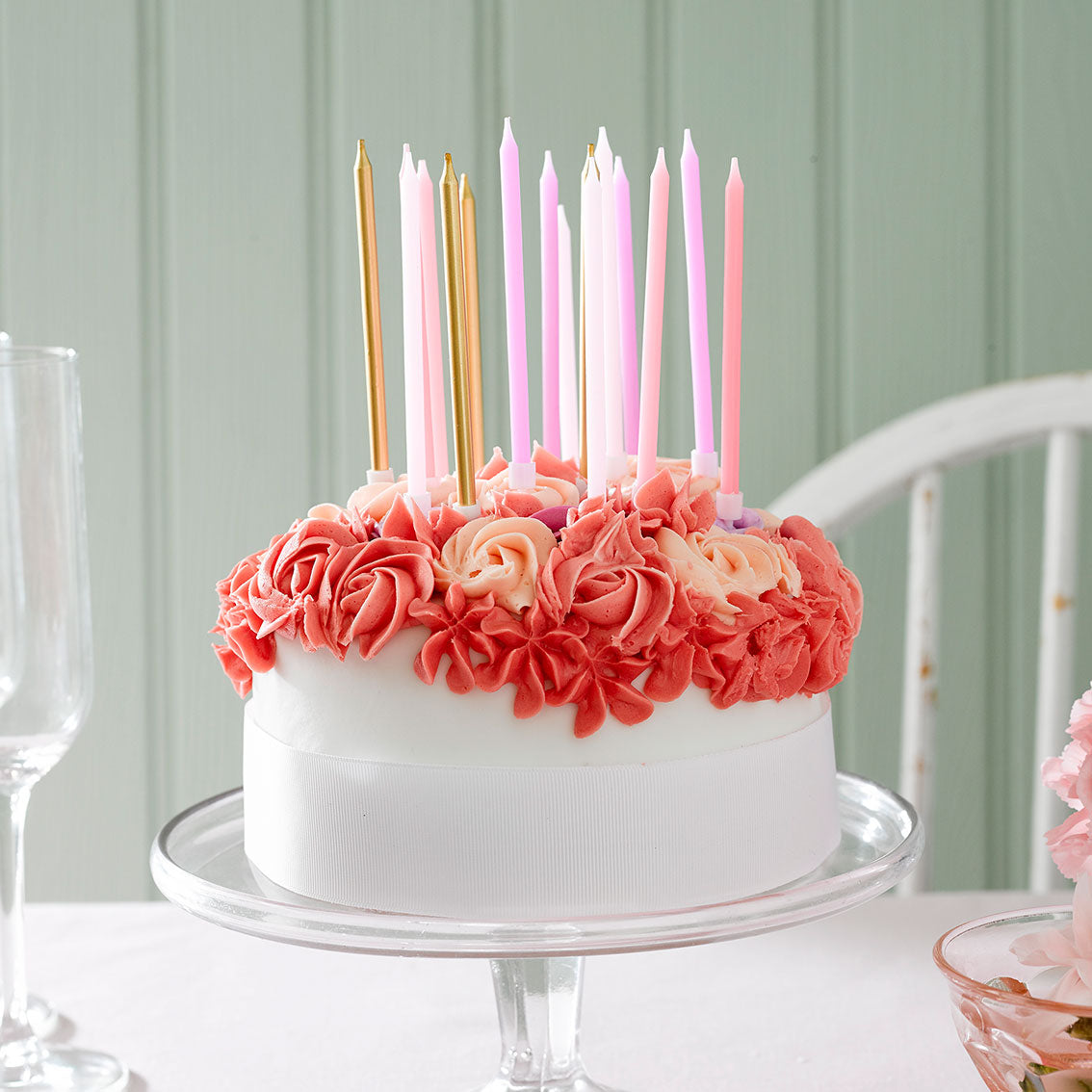 Velas de cumpleaños largas rosas y doradas - Paquete de 16
