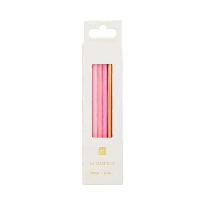 Velas de cumpleaños largas rosas y doradas - Paquete de 16