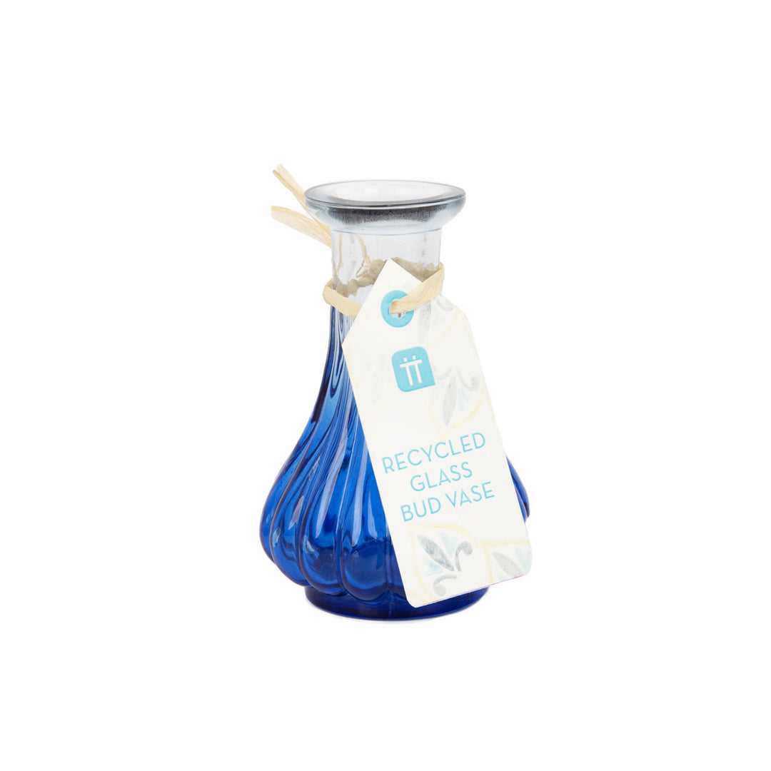 Jarrón pequeño de vidrio reciclado azul para cogollos | Decoración del hogar |