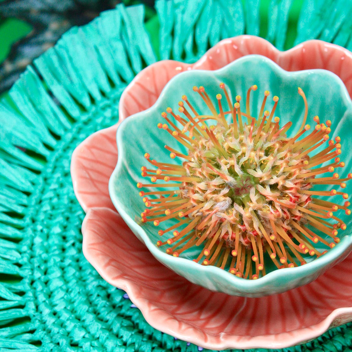 Manteles individuales de rafia de papel lila y verde, decoración primaveral, paquete de 2